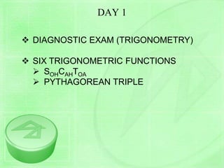 DAY 1
 DIAGNOSTIC EXAM (TRIGONOMETRY)
 SIX TRIGONOMETRIC FUNCTIONS
 SOHCAHTOA
 PYTHAGOREAN TRIPLE
 
