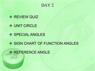 DAY 2
 REVIEW QUIZ
 UNIT CIRCLE
 SPECIAL ANGLES
 SIGN CHART OF FUNCTION ANGLES
 REFERENCE ANGLE
 