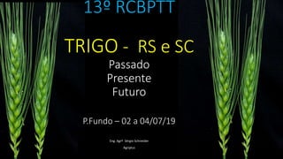 13º RCBPTT
TRIGO - RS e SC
Passado
Presente
Futuro
P.Fundo – 02 a 04/07/19
Eng. Agrº Sérgio Schneider
Agriplus
 