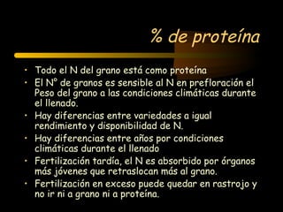 % de proteína
• Todo el N del grano está como proteína
• El N° de granos es sensible al N en prefloración el
  Peso del grano a las condiciones climáticas durante
  el llenado.
• Hay diferencias entre variedades a igual
  rendimiento y disponibilidad de N.
• Hay diferencias entre años por condiciones
  climáticas durante el llenado
• Fertilización tardía, el N es absorbido por órganos
  más jóvenes que retraslocan más al grano.
• Fertilización en exceso puede quedar en rastrojo y
  no ir ni a grano ni a proteína.
 