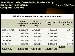Area Sembrada, Cosechada, Producción y
Rinde por Provincias.                  Fuente: SAGPyA
Campaña 2005/06


             Principales provincias productoras y total país

                   Area         Area
                                           Producción     Rendimiento
                 Sembrada     Cosechada
                                              (tn)          (kg/ha)
                   (ha)          (ha)

Buenos Aires      2.885.045    2.795.550      7.450.976           2.665
Córdoba             772.750      750.300      1.712.790           2.283
Entre Ríos          219.500      218.800        711.650           3.253

La Pampa            197.450      171.550        215.360           1.255
Santa Fe            589.450      577.380      1.847.240           3.199
                                                          2.532
Total País       5.212.450    4.966.125     12.575.176
 