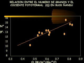 RELACION ENTRE EL NUMERO DE GRANOS Y EL
         COCIENTE FOTOTERMAL (Q) EN BUCK ÑANDU



   16
   15
N° 14
gr. 13
   12
    11
   10
    9
    8
         0.3   0.4     0.5    0.6   0.7     0.8    0.9
 