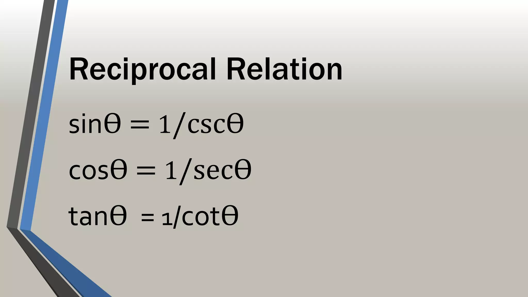 Reciprocal Relation
sinѲ = 1/cscѲ
cosѲ = 1/secѲ
tanѲ = 1/cotѲ