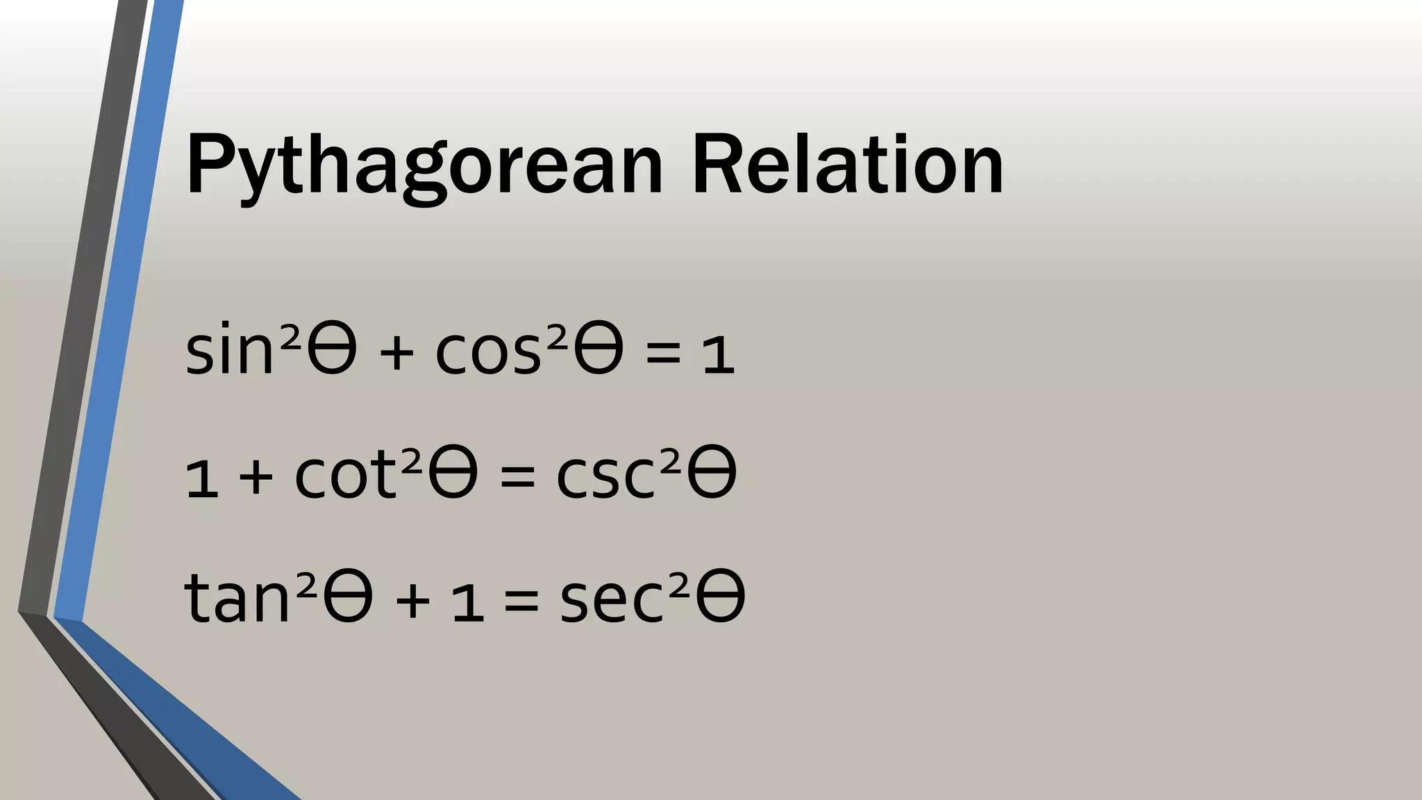 Pythagorean Relation
sin2Ѳ + cos2Ѳ = 1
1 + cot2Ѳ = csc2Ѳ
tan2Ѳ + 1 = sec2Ѳ