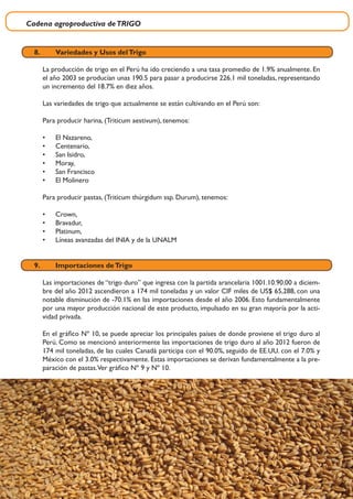 Cadena agroproductiva deTRIGO
16
8.	 Variedades y Usos delTrigo
La producción de trigo en el Perú ha ido creciendo a una tasa promedio de 1.9% anualmente. En
el año 2003 se producían unas 190.5 para pasar a producirse 226.1 mil toneladas, representando
un incremento del 18.7% en diez años.
Las variedades de trigo que actualmente se están cultivando en el Perú son:
Para producir harina, (Triticum aestivum), tenemos:
•	 El Nazareno,
•	 Centenario,
•	 San Isidro,
•	 Moray,
•	 San Francisco
•	 El Molinero
Para producir pastas, (Triticum thúrgidum ssp. Durum), tenemos:
•	 Crown,
•	 Bravadur,
•	 Platinum,
•	 Líneas avanzadas del INIA y de la UNALM
9.	 Importaciones deTrigo
Las importaciones de “trigo duro” que ingresa con la partida arancelaria 1001.10.90.00 a diciem-
bre del año 2012 ascendieron a 174 mil toneladas y un valor CIF miles de US$ 65,288, con una
notable disminución de -70.1% en las importaciones desde el año 2006. Esto fundamentalmente
por una mayor producción nacional de este producto, impulsado en su gran mayoría por la acti-
vidad privada.
En el gráfico Nº 10, se puede apreciar los principales países de donde proviene el trigo duro al
Perú. Como se mencionó anteriormente las importaciones de trigo duro al año 2012 fueron de
174 mil toneladas, de las cuales Canadá participa con el 90.0%, seguido de EE.UU. con el 7.0% y
México con el 3.0% respectivamente. Estas importaciones se derivan fundamentalmente a la pre-
paración de pastas.Ver gráfico Nº 9 y Nº 10.
 