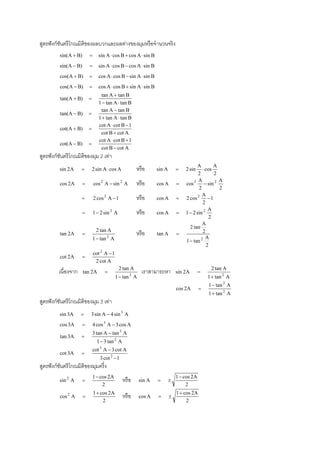 สูตรฟั งก์ชนตรี โกณมิติของผลบวกและผลต่างของมุมหรื อจํานวนจริง
           ั
          sin( A  B)             sin A  cos B  cos A  sin B
          sin( A  B)             sin A  cos B  cos A  sin B
          cos(A  B)              cos A  cos B  sin A  sin B
          cos(A  B)              cos A  cos B  sin A  sin B
                                    tan A  tan B
          tan( A  B)       
                                   1  tan A  tan B
                                    tan A  tan B
          tan(A  B)        
                                   1  tan A  tan B
                                   cot A  cot B  1
          cot(A  B)        
                                    cot B  cot A
                                   cot A  cot B  1
          cot(A  B)        
                                    cot B  cot A
สูตรฟั งก์ชนตรี โกณมิติของมุม 2 เท่า
           ั
                                                                                         A         A
          sin 2A               2 sin A  cos A           หรื อ    sin A          2 sin      cos
                                                                                          2         2
                                                                                       2 A            A
          cos 2A               cos 2 A  sin 2 A         หรื อ    cos A          cos         sin 2
                                                                                           2          2
                                                                                          2 A
                               2 cos 2 A  1             หรื อ    cos A          2 cos         1
                                                                                             2
                                                                                                 A
                               1  2 sin 2 A             หรื อ    cos A          1  2 sin 2
                                                                                                 2
                                                                                             A
                                                                                     2 tan
                                  2 tan A
          tan 2A                                         หรื อ    tan A                    2
                                1  tan 2 A                                        1  tan  2 A
                                                                                                2
                                cot 2 A  1
          cot 2A     
                                 2 cot A
                                                2 tan A                                         2 tan A
         เนื่องจาก      tan 2A                              เราสามารถหา       sin 2A      
                                              1  tan A
                                                      2
                                                                                               1  tan 2 A
                                                                                               1  tan 2 A
                                                                               cos 2A      
                                                                                               1  tan 2 A
สูตรฟั งก์ชนตรี โกณมิติของมุม 3 เท่า
           ั
          sin 3A           3 sin A  4 sin 3 A
          cos 3A               4 cos 3 A  3 cos A
                                3 tan A  tan 3 A
          tan 3A     
                                  1  3 tan 2 A
                                cot 3 A  3 cot A
          cot 3A     
                                    3 cot 2  1
สูตรฟั งก์ชนตรี โกณมิติของมุมครึ่ง
           ั
                                1 cos 2A                                      1 cos 2A
          sin 2 A                                หรื อ    sin A          
                                    2                                              2
                                1 cos 2A                                      1 cos 2A
          cos 2 A                                หรื อ    cos A          
                                    2                                              2
 