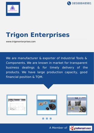 08588848981
A Member of
Trigon Enterprises
www.trigonenterprises.com
We are manufacturer & exporter of Industrial Tools &
Components. We are known in market for transparent
business dealings & for timely delivery of the
products. We have large production capacity, good
financial position & TQM.
 
