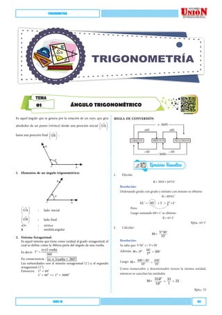 TRIGONOMETRÍA
NIVEL IV 161
A
o
1. Elementos de un ángulo trigonométrico:
B
A
o

O A

 
 
 
: lado inicial
OB

 
 
 
: lado final
«O» : vértice
 : medida angular
2. Sistema Sexagesimal:
Es aquel sistema que tiene como unidad al grado sexagesimal, el
cual se define como la 360ava parte del ángulo de una vuelta.
Es decir:
m 1 vuelta
1
360
 

En consecuencia : m 1vuelta = 360°

Las subunidades son el minuto sexagesimal (1’) y el segundo
sexagesimal (1’’).
Entonces: 1° = 60’
1’ = 60’’ => 1° = 3600’’
REGLA DE CONVERSIÓN
x60 x60
: 60 : 60
GRADOS MINUTOS SEGUNDOS
: 3600
x 3600
2. Co
a)
3. Co
a)
Es aquel ángulo que se genera por la rotación de un rayo, que gira
alrededor de un punto (vértice) desde una posición inicial O A

 
 
 
hasta una posición final OB

 
 
 
.
B
A
o

1. Elementos de un ángulo trigonométrico:
B
A
o

O A

 
 
 
: lado inicial
OB

 
 
 
: lado final
«O» : vértice
 : medida angular
2. Sistema Sexagesimal:
Es aquel sistema que tiene como unidad al grado sexagesimal, el
cual se define como la 360ava parte del ángulo de una vuelta.
Es decir:
m 1 vuelta
1
360
 

En consecuencia : m 1vuelta = 360°

Las subunidades son el minuto sexagesimal (1’) y el segundo
sexagesimal (1’’).
Entonces: 1° = 60’
1’ = 60’’ => 1° = 3600’’
REGLA DE CONVERSIÓN
x60 x60
GRADOS MINUTOS SEGUNDOS
x 3600
1. Convertir a segundos
a) 20’ b) 35’ c) 10’
2. Convertir a minutos
a) 1° 20’ b) 3° 45’ c) 12°10’
3. Convertir a grados:
a) 4800’ b) 720’ c) 900’
01 ÁNGULO TRIGONOMÉTRICO
TRIGONOMETRÍA
1.	Efectúe:
	 K= 50º6’+10º55’
Resolución:
Ordenando grado con grado y minuto con minuto se obtiene:
K= 60º61’
Pero:
= + = +
61' 60 ' 1' 1º 1'
Luego sumando 60º+1’ se obtiene:
K= 61º1’
Rpta.: 61º1’
2.	Calcular:
5º30'
M=
10'
Resolución:
Se sabe que: 5º30’ <> 5º+30’
Además: 60'
M= 5º 300 '
1º
⋅ =
Luego: +
=
300' 30' 330'
M=
10' 10'
Como numerador y denominador tienen la misma unidad,
entonces se cancelan las unidades:
33 0'
M=
10'
= =
33
33
1
Rpta.: 33
Es aquel ángulo que se genera por la rotación de un rayo, que gira
alrededor de un punto (vértice) desde una posición inicial O A

 
 
 
hasta una posición final OB

 
 
 
.
B
A
o

1. Elementos de un ángulo trigonométrico:
B
A
o

O A

 
 
 
: lado inicial
OB

 
 
 
: lado final
«O» : vértice
 : medida angular
2. Sistema Sexagesimal:
Es aquel sistema que tiene como unidad al grado sexagesimal, el
cual se define como la 360ava parte del ángulo de una vuelta.
Es decir:
En consecuencia :
Las subunidades son el minuto sexagesimal (1’) y el segundo
sexagesimal (1’’).
Entonces: 1° = 60’
1’ = 60’’ => 1° = 3600’’
REGLA DE CONVERSIÓN
x60 x60
GRADOS MINUTOS SEGUNDOS
x 3600
1. Convertir a segundos
a) 20’ b) 35’ c) 10’
2. Convertir a minutos
a) 1° 20’ b) 3° 45’ c) 12°10’
3. Convertir a grados:
a) 4800’ b) 720’ c) 900’
01 ÁNGULO TRIGONOMÉTRICO
TRIGONOMETRÍA
m 1 vuelta
1
360

m 1vuelta = 360°
ÁNGULO TRIGONOMÉTRICO
01
ESCANEAME
ÁNGULO TRIGONOMÉTRICO
01	 
 