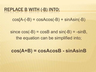 Replace B with (-B) into;cos[A-(-B) = cosAcos(-B) + sinAsin(-B)since cos(-B) = cosB and sin(-B) = -sinB, the equation can be simplified into;cos(A+B) = cosAcosB - sinAsinB