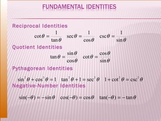 Reciprocal Identities
                   1             1              1
        cot θ =         secθ =         cscθ =
                 tan θ         cosθ           sin θ
Quotient Identities
                        sin θ          cosθ
                tan θ =        cot θ =
                        cosθ           sin θ
Pythagorean Identities

 sin θ + cos θ = 1 tan θ + 1 = sec θ 1 + cot θ = csc θ
     2         2            2               2             2           2


Negative-Number Identities

   sin( −θ ) = − sin θ   cos( −θ ) = cosθ       tan( −θ ) = − tan θ
 