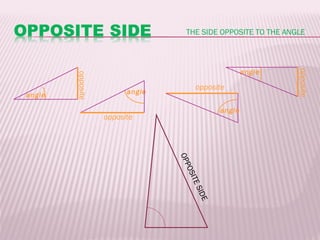 THE SIDE OPPOSITE TO THE ANGLE



                                                         angle




                                                                 opposite
        opposite
                                         opposite
angle                    angle

                                                 angle
                   opposite




                                 OP
                                    PO
                                   SIT
                                       E SID
                                             E
 