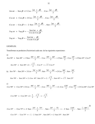 ( ) ( )
2
-
Cos.
2
Cos2Sen-
βαβα
βα
+
=Sen
( ) ( )
2
-
Cos.
2
Cos2Cos
βαβα
βα
+
=+Cos
( ) ( )
2
-
Sen.
2
Sen2-Cos-
βαβα
βα
+
=Cos
( )
βα
βα
βα
Cos.
Sen
Tag
Cos
Tag
+
=+
( )
βα
βα
βα
Cos.
-Sen
Tag-
Cos
Tag =
EJEMPLOS:
Transformar en productos (Factorizar) cada una de las siguientes expresiones:
a)
5ºCos.45ºSen2
2
10º
Cos.
2
90º
Sen2
2
40º-50º
Cos.
2
40º50º
Sen240ºSen50º ==
+
=+Sen
5ºCos25ºCos.
2
2
.240ºSen50º ==+Sen
b)
2
50º
Sen.
2
90º
Cos2
2
20º-70º
Sen.
2
20º70º
Cos220ºSen-70º =
+
=Sen
25ºSen.245ºSen.
2
2
.225ºSen.45ºCos.220ºSen-70º ===Sen
c)
30ºCos.60ºCos2
2
60º
Cos.
2
120º
Cos.2
2
30º-90º
Cos.
2
30º90º
Cos230ºCos90º ==
+
=+Cos
2
3
2
3
.
2
1
.230ºCos90º ==+Cos
d)
( )
2
40º-
Sen.
2
110º
Sen2-
2
75-35º
Sen.
2
75º35º
Sen2-75ºCos-35º =
+
=Cos
( ) 20ºSen.55ºSen220ºSen.55ºSen2--75ºCos-35º ==Cos
32
 
