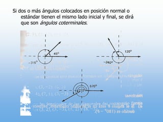 Si dos o más ángulos colocados en posición normal o estándar tienen el mismo lado inicial y final, se dirá que son ángulos coterminales.