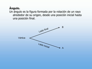 Ángulo. Un ángulo es la figura formada por la rotación de un rayo alrededor de su origen, desde una posición inicial hasta una posición final. B Lado final Vértice Lado inicial A 