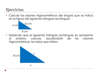 Ejercicios
   Calcula las razones trigonométricas del ángulo que se indica
    en la figura del siguiente triángulo rectángulo:
               10 cm
      6 cm

              8 cm
   Sabiendo que el siguiente triángulo rectángulo es semejante
    al   anterior,  calcula,    ayudándote    de   las  razones
    trigonométricas, los lados que faltan:



                         y
      18 cm


                     x
 