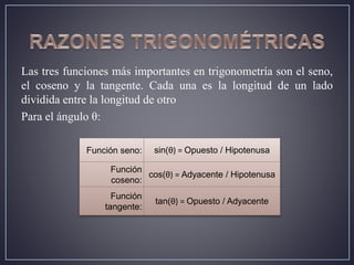 Las tres funciones más importantes en trigonometría son el seno,
el coseno y la tangente. Cada una es la longitud de un lado
dividida entre la longitud de otro
Para el ángulo θ:
Función seno: sin(θ) = Opuesto / Hipotenusa
Función
coseno:
cos(θ) = Adyacente / Hipotenusa
Función
tangente:
tan(θ) = Opuesto / Adyacente
 