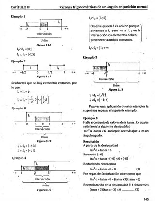 CAPÍTULO 1
1
1 Razones trigonométricas de un ángulo en posición normal
Ejemplo 1
____lia________ U S _________
-oc -2 0 1 5 +°°
Intersección
Unión
Figura 3.14 .
I,n l2=[0;ll
I2u l 2=[-2;5]
Ejemplo 2
T i. T T T
- 1/2 0 1/2 1 + *
Figura 3.15
Se.observa que no hay elementos comunes, por
lo que
I,nl2=(¡>
- - ;0 K
J - ; 1
L 2 J L2 j
Ejemplo 3
h
x. - 2 - 1 0 1 3 +*=
Intersección
Unión
Figura 3.16
I, I2= (-2; 3]
I,n l2=[-1; 1
]
Ejemplo 4
-CO 1
Intersección
v “
Unión
Figura 3.17
+ x
I,n l2={3;5]
"Observe que en 3 es abierto porque '
pertenece a 1, pero no a I2; en la
intersección los elementos deben
pertenecer a ambos conjuntos.
i,u I2= [l;+ ~ )
Ejemplo 5
OC —
J l + 0 0
t
Intersección
Unión
Figura 3.18
I,nI2 ={V2}
I,u I2= [-1;4)
Para ver una aplicación de estos ejemplos le
sugerimos repasar el siguiente ejemplo.
Ejemplo 6
Halle el conjunto de valores de la ta n a ,los cuales
satisfacen la siguiente desigualdad
tan2a + tan a < 6 , sabiendo además que a es un
ángulo agudo.
Resolución
A partir de la desigualdad
tan2a + ta n a <6
Sumando (-6)
tan2a + tan a + (-6) < 6 + (-6)
Reduciendo obtenemos
tan2a + t a n a - 6 < 0 ........ ...............(1)
Por reglas de factorización obtenemos que
tan2a + tan a - 6 = (tan a + 3)(tan a - 2)
Reemplazando en la desigualdad (1) obtenemos
(tana + 3 )(ta n a-2 )< 0 ................(2)
 