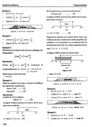 Lumbreras Editores T rigonometria
Ejemplos
• |x |< 2 o = > -2 < x < 2
, . 1 1 1
• co sa < - o - - < c o s a < -
1 1 2 2 2
• |ta n a |< 4 <=» - 4 < ta n a <4
Teorema | ^ ; ,
|x |á a a a > 0 <
=
> - a < x < a
Ejemplo 1
, i 1 1 1
• sena < — <
=
>— < sena < -
2 2 2
• |tana| <3 <=>-3 < tan a< 3
Ejemplo 2
Détermine el conjunto solución que satisfaga a la
desigualdad
. T
E J 4 7t
xtan — 5 < sec -
4 1 4
Resolución
C om o ta n - = l y sec4- = 4 , en to n ces la
4 4
desigualdad será |x - 5 |< 4 o - 4 < x - 5 < 4
=> 1< jc< 9
Expresamos com o intervalo
Jfe (1;9)
Ejemplo 3
Halle los valores de la teína, tal que se verifique
las siguientes condiciones
tand + 2 > 0 ...........(1)
, |tan a)< 5 .,.........(2)
Resolución
A partir de (1) se obtiene
tana > -2 ........... (3)
La figura 3.28(a) muestra los valores de la tana
para esta condición.
tana
—
oo —
2 0 +®
(a)
=> tana = [- 2 (4)
452
De (2) aplicamos el teorema obteniendo
-5 < tana <5 ........... (5)
La figura 3.28(b) muestra los%
valores de la tana
para esta condición.
?— ------------T
tana
-oo -5 0 5 + x
(b)
=> tan = [-5;5] ........... (6)
Expuesto lo anterior, los valores de la tana que
verifican las dos condiciones serán aquellos que
verifican o se encuentran en la intersección de
los intervalos (4) y (6), los cuales respectivamente
son [-2 ; +<
*
>
) y [-5 ;5 ], '
La figura 3.28(c) ilustra la intersección
- x _5 -2 5 +=
' v J
Intersección
(c)
Figura 338
tana = |-2 ; 5]
-Teorema ■
■%
• ^
|x |> a a a> 0 x < - a v x > a
Ejemplos
• |x | >3 o x < -3 v x>3
• |tanP|> 2= > tanfl <-2 v tanP>2
• | csca | > 1=> csca < -l v csca > 1
|x |£ a x < -a v x 2 a , donde a>0
Ejemplo 1
• |jfj >3 <
=
>x < -3 v x < 3
• |cot<()|>4 o cot(¡) < -4 v coló >4
 