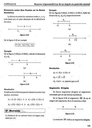 CAPÍTULO III Razones trigonométricas de un ángulo en posición normal
D istancia entre D os P untos en la R ecta Ejemplo j
Num érica De las figuras 3.34(a), 3.34(b) y 3.34(c), halle las
La distancia entre los números reales x, y x 2
distancias d|t d2y d3respectivamente.
está dado por el valor absoluto de la diferencia
de estos.
d,
1
----------1
--------1
h — d --------1
-3 0
--------------- .-------------------- 1
--------------- ►
*1 *2
(a)
Figura 3.32 d 2
1
------ — ! , . .
De la figura 3.32 se cumple
------------------------- 1
-----------1
---------------►
0 V2
(d = |x i- x 2| = |x 2- x ,| ] (b)
Ejemplo d 3
1
---------— 1
De la figura 3.33(a) y 3.33(b), calcule la distancia
d ,y d 2.
-----------1
--------------1
--------------------------►
a 0
t— — d , --------- 1 (c)
-2 3
Figura 3.34
(a) . Resolución
1
--------d2---------1 d, = I—
3 1= —
(—
3) = 3
2 6 d2=:v/2: = V
/2
(b) d3 = | a | = - a ; puesto que a<0
Figura 3.33 *
Resolución
Segmento Dirigido
Empleando la fórmula para la distancia entre dos Se llama segm ento dirigido al segm ento
puntos, tenemos orientado por un eje (recta numérica).
d, = | (—
2) —
(3)J= 5 ó d, = |(3 )-(-2 )| = 5
En la figura 3.35 el segmento AB (A es el
origen del segmento, B es el extremo o fin)
d2= | (2) - C6)| = 4 ó d2= | (6) - (2) 1= 4
A B
l> ; Observación.
La distancia de un número real x al origen está
Figura 3.35
dado por |x|.
La notación AB indica un segmento dirigido.
155
 