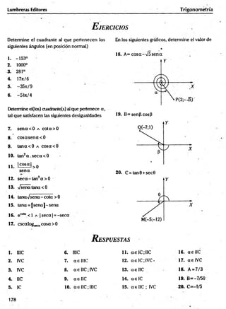 Lumbreras Editores Trigonometría
E jercicios
Determine el cuadrante al que pertenecen los
siguientes ángulos (en posición normal)
1. -153°
2 . 1000°
3. 281°
4. 17ir/6
5. -35n/9
6. -51rt/4
Determine el(los) cuadrante(s) al que pertenece a ,
tal que satisfacen las siguientes desigualdades
7. sencc<0 a co ta> 0
8. cosccsena< 0
9. tan acO a cosacO
10. tan2a .seca < 0
1 1 lco s« l>0
sena
12. seca-tan2a> 0
13. Vseñatana<0
14. tanaVsena-cota >0
15. tana = [sena]-sena
16. ecol“ <l a | seca | =-seca
17. cscalog^ cosa >0
En los siguientes gráficos, determine el valor de
*
18. A =cosa-V 5sena
19. B=senp.cosP
20. C = tan0 +sec0
R espuestas
1. I1IC 6. me 11. a e IC; IIC 16. ae IIC
2. IVC 7. aelIIC 12. ae IC;IVC* 17. ae IVC
3. IVC 8. a e IIC; IVC 13. a e IIC 18. A = 7/3
4. IIC 9. ae IIC 14. ae IC 19. B= -7/50
5. IC 10. ae IIC;IIIC 15. a e IIC ; IVC 20. C=-l/5
178
 