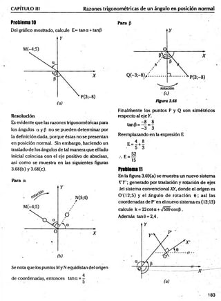 CAPITULO III Razones trigonométricas de un ángulo en posición normal
Problema 10
Del gráfico mostrado, calcule E= tan a + tan¡3
Para p
Resolución
Es evidente que las razones trigonométricas para
los ángulos a y P no se pueden determinar por
la definición dada, porque éstas no se presentan
en posición normal. Sin embargo, haciendo un
traslado de los ángulos de tal m anera que el lado
inicial coinciaa con el eje positivo de abscisas,
así com o se muestra en las siguientes figuras
3.68(b) y 3.68(c).
Para a
Se nota que los puntos My N equidistan del origen
4
de coordenadas, entonces tana = -
Finalm ente los puntos P y Q son sim étricos
respecto al eje Y.
' „ - 8 8
tanp = — = -
-3 3
Reemplazando en la expresión E
e-H
, . E . S
15
Problema ti
En la figura 3.69(a) se muestra un nuevo sistema
T'K'; generado por traslación y rotación de ejes
Jel sistema convencional XY, donde el origen es
0'(12;5) y el ángulo de rotación 0 ; así las
coordenadas de P' en el nuevo sistema es (13; 13)
calcule k = 22c o ta + 7509 eosP.
Además tan0 = 2,4.
183
 