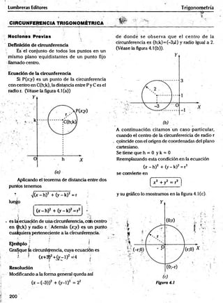 CIRCUNFERENCIA TRIGONOMÉTRICA W '
Lumbreras Editores Trigonometría
--------- —^
Nociones Previas
' Definición de circunferencia
Es el conjunto de todos los puntos en un
m ism o plano equidistantes de un punto fijo
llamado centro.
Ecuación de la circunferencia
Si P(x;y) es un punto de la circunferencia
con centro en C(h;k), la distancia entre P y C es el
radio r. (Véase la figura 4.1(a))
Aplicando el teorema de distancia entre dos
puntos tenemos
* V (x -h )2 + ( y - k ) 2 =r
luego i
■_ -------------------------- ----------------
i ( x - h )2 + (y -k )2 = r2 •
} ■
<V - v '-cr
j ¿ ■-a
. es la ecuación de una circunferencia, con centro :
en Ch;k) y radio r. Además (x;y) es un punto
cualquiera perteneciente a la circunferencia.
Ejeriiplo ¡ i I'
Grafique ía circunferencia, cuya ecuación es
*
' ■
' (x+3j)2 + (y - i)2 =4
Resolución
Modificando a la forma general queda así
(x - (-3))2 + (y—
l)2 = 22
de donde se observa que el centro de la
circunferencia es (h;k)=(-3¡J) y radio igual a 2.
(Véase la figura 4.1 (b)).
A continuación citam os un caso particular,
cuando el centro de la circunferencia de radio r
. coincide con el origen de coordenadas del plano
cartesiano.
Se tiene que h = 0 y k = 0
Reemplazando esta condición en la ecuación
(x - h) 2 + (y - k)2 = r2
se convierte en
( x 2 -l-y2 = r r
y su gráfico lo mostramos en la figura 4.1(c).
Figura 4.1
200
 
