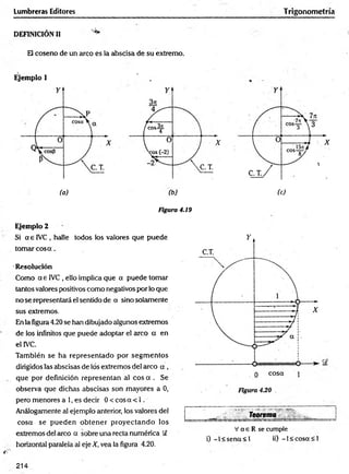 Lumbreras Editores Trigonometría
DEFINICIÓN II ^
El coseno de un arco es la abscisa de su extremo.
v
. .
Ejemplo 1
(o) (b) (c)
Figura 4.19
Ejemplo 2
Si a e IVC , halle todos los valores que puede
tomar c o s a .
■
Resolución
Como a e IVC , ello implica que a puede tomar
tantos valores positivos com o negativos por lo que
no se representará el sentido de a sino solamente
sus extremos.
En la figura 4.20 se han dibujado algunos extremos
de los infinitos que puede adoptar el arco a en
el IVC.
También se ha representado por segm entos
dirigidos las abscisas de los extremos del arco a ,
que por definición representan al eos a . Se
observa que dichas abscisas son mayores a 0 ,
pero menores a 1,e s decir 0 < eos a < 1 .
Análogamente al ejemplo anterior, los valores del
cosa se pueden obtener proyectando los
extremos del circo a sobre una recta numérica C
J
horizontal paralela al eje X, vea la figura 4.20.
Teorema
V a e R se cumple
i) -l< se n a < l ii) -l< c o s a < l
214
 
