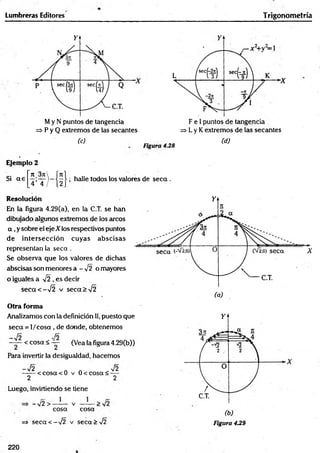 lumbreras Editores Trigonometría
My N puntos de tangencia
=> P y Q extremos de las secantes
(c)
=> L y Kextremos de las secantes
(d)
Figura 4.28
Ejem plo 2
Si a e
n_3jt
4 ’T /
halle todos los valores de s e c a .
R esolución /
En la figura 4.29(a), en la C.T. se han
dibujado algunos extremos de los arcos
a ,y sobre el eje X los respectivos puntos
de in tersección cuyas abscisas
representan la s e c a .
Se observa que los valores de dichas
abscisas son menores a - V 2 o mayores
o iguales a %
/2 , es decir
seca < -V 2 v se c a > V2
O tra form a
Analizamos con la definición II, puesto que
seca = 1/c o sa , de donde, obtenemos
Jo
< cosa < — (Vea la figura 4.29(b))
Para invertir la desigualdad, hacemos
- J 2
2
< cosa < 0 v 0 < cosa <
V2
Luego, invirtiendo se tiene
—V 2 > --------- V ---------->
cosa cosa
=» seca < —
/2 v seca > J2 Figura 439
220
 