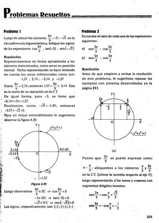 Problemas Resueltos
Problem
a 1
8t
i
Luego de ubicar los números — ;-3 ;-V 2 en la
circunferencia trigonométrica, indique los signos
S
7C
de las expresiones e o s— ; tan(-3) ; sen(->/2)
Resolución
Representaremos en forma aproximada a ios
números mencionados, com o arcos en posición
normal. Dicha representación se hace teniendo
en cuenta los arcos referenciales com o son:
1,57 ; 3,14 ; -3,14 y -1,57
Como — = 2,79; entonces 1,57 < — < 3,14. Esta
9 9
es la razón de su ubicación en la C.T.
De igual form a, para - 3 , se tien e que
—
3,14 < —
3 < —
1,57.
Finalm ente, com o ‘—
n
/2 = —
1,41; en to n ces
-1,57<-V 2<0.
Para un m ejor entendim iento le sugerim os
observar la figura 4.39.
- 3 e HIC => tan (-3)> 0
-V 2eIV C => se n (- ^ ) < 0
Loá signos, respectivamente, son (-) ; ( + ) ; (-)
Problem
a 2
Encuentre el valor de cada una de Iza expresiones
siguientes:
2jc 2n
aj sen — ; eos—
3 3
, , 5rt 5t
c
b) sen — ; eo s—
4 4
Resolución
Antes de que em piece a revisar la resolución
de este problem a, le sugerim os repasar los
ejem plos con sim etría desarrollados en la
página 211.
9ir
Puesto que — se puede expresar com o
3
rc- ^ ; u b iq u em os a los núm eros — y —
4 3 3
en la C.T. (nótese la simetría respecto al eje >0;
luego representando a los senos y cosenos con
segm entos dirigidos tenemos
2/t n J3
sen — = s e n - = —
3 3 2
2n 7t 1
eos— = - e o s - = ---
3 3 2
225
 