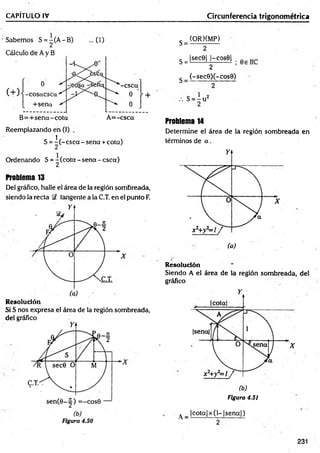 CAPÍTULO IV Circunferencia trigonométrica
Sabemos S = - ( A - B )
2
...0 )
Reemplazando en (!)
1,
S = -(-e se c t-se n a ,+ cota)
Ordenando S = - (c o ta -s e n a -c s c a )
Problema 13
Del gráfico, halle el área de la región sombreada,
siendo la recta r
d tangente a la C.T. en el punto F.
Resolución.
Si S nos expresa el área de la región sombreada,
del gráfico
c (ORXMP)
S = “ 2 “
S - |sece| l-cosel nc
2
g _ (-sec9 )(-co s8 )
Problema 14
Determine el área de la región sombreada en
términos de a .
(a)
Resolución
Siendo A el área de la región sombreada, del
gráfico
Y
Figura 4.51
^ _ [c o ta |x (l-|se n a |)
231
 