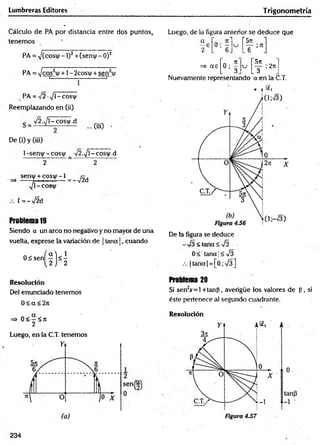 Lumbreras Editores Trigonometría
Cálculo de PA por distancia entre dos puntos,
tenemos
PA = 7(cos|/ - 1)2+(seny - O)2
PA = 7 eosV +1 - 2eosw + sen2it
—cz - 3~
PA = n
/2 ,/T-cosí)/
Reemplazando en (ii)
c ^ .J l-c o s u /.d
S = ---------------— —(m) •
De (i) y (iii)
l-seny-cosi)/ Í2.y¡1-cosy.d
2 ~ 2
^ sen|/ + cosy -1
^1-eo s
f = -V2d
= -Í2d
Problema 19
Siendo a un arco no negativo y no mayor de una
vuelta, exprese la variación de | tana | , cuando
o
s
s
e
n
(!H
Luego, de la figura anterior se deduce que
a ' Ttl i 5n 1
0 —lu ; n
2 6 J . 6
57
1 “
=> ae u — : 2n
L 3 J L 3 .
Nuevamente representando a en la C.T.
De la figura se deduce
< teína < y/3
0 < :tana ¡< JZ
¡tana|= [0; V I]
Resolución
Del enunciado tenemos
0 < a < 2ji
=> 0< —<n
2
Luego, en la C.T. tenemos
Problema 20
Si sen2
x = l +tanfi, averigüe los valores de p , si
éste pertenece al segundo cuadrante.
234
 