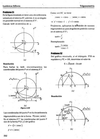 Lumbreras Editores
Problema 51
En la figura mostrada se tiene una circunferencia
unitaria en el sistema XY, además 0 es un ángulo
en posición normal en el sistema X'Y'.
Calcule tan© en términos de a .
Resolución
Para hallar la tan9, en contrarem os las
coordenadas del punto P en el sistema X'Y'
Las coordenadas del punto P en la circunferencia
trigonométrica son de la forma P (cosa;se n a ).
En el sistema X'Y' las coordenadas del punto P
son de la forma P'(Y; y') del gráfico
x' = -(l+ ¡cosa|)
y' = l-|sen a¡
Trigonometría
Como a e I1IC se tiene
jcosa ¡= -c o sa ; jsena¡ = -se n a
=> x' = c o s a -l ; y’= l + sena
Finalmente, aplicamos la definición de razones
trigonométricas para ángulos en posición normal
en el sistema X'Y'
v'
tanO = —
x' ,
Reemplazando
. 1+sena
tanO = ----------
cosa-1
Problema 52
Del gráfico m ostrado, si el triángulo PTR es
equilátero y PE = OR, determine el valor de
E = /3sen0 - 2cos0
Resolución
252
 