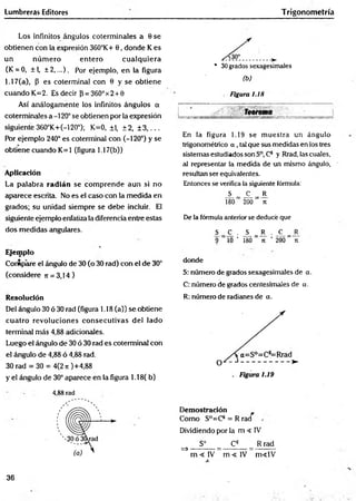 Lumbreras Editores Trigonom etría
Los infinitos ángulos coterminales a 0 se
obtienen con la expresión 360°K+ 0, donde K es
un núm ero entero cualquiera
(K = 0, ±L ± 2 ,...). Por ejemplo, en la figura
1.17(a), (3 es coterminal con 0 y se obtiene
cuando K=2. Es decir {3= 36O°x2 + 0
Así análogamente los infinitos ángulos a
coterminales a -120° se obtienen por la expresión
siguiente 360°K+(-120°); K=0, ±1, ±2, ± 3 , . . .
Por ejemplo 240° es coterminal con (-120°) y se
obtiene cuando K=1 (figura 1.17(b))
Aplicación
La palabra radián se com prende aun si no
aparece escrita. No es el caso con la medida en
grados; su unidad siempre se debe incluir. El
siguiente ejemplo enfatiza la diferencia entre estas
dos medidas angulares.
Ejemplo
Compare el ángulo de 30 (o 30 rad) con el de 30°
(considere n = 3,14)
Resolución
Del ángulo 30 ó 30 rad (figura 1.18 (a)) se obtiene
cuatro revoluciones consecutivas del lado
terminad más 4,88 adicionales.
Luego el ángulo de 30 ó 30 rad es coterminal con
el ángulo de 4,88 ó 4,88 rad.
30 rad = 30 = 4(2n)+4,88
y el ángulo de 30° aparece en la figura 1.18( b)
4,88 rad
* 30grados sexagesimales
(b)
Figura 1.18
Teorema
En la figura 1.19 se muestra un ángulo
trigonométrico a , tal que sus medidas en los tres
sistemas estudiados son S°, Cs y Rrad, las cuales,
al representar la medida de un mismo ángulo,
resultan ser equivalentes.
Entonces se verifica la siguiente fórmula:
_S__ JL = J1
180 200 ji
De la fórmula anterior se deducé que
S = C
^ . J ^ = J3 . _C^= _R
? 10 ’ 180 n ’ 200 Tí
donde
S: número de grados sexagesimales de a.
C: número de grados centesimales de a.
R: número de radianes de a.
Demostración
Como S°=CS = R rad
Dividiendo por la m < IV
S° Cs R rad
=>---------- =----------- =---------
m < l V m < l V m «lV
36
 