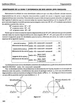 Lumbreras Editores T rigonometría
IDEN TID ADES DE LA SUMA Y DIFER EN CIA DE DOS ARCOS (DOS Á N G U LO S )______
Básicamente la utilidad de estas identidades radica en que con ellas se puede calcular razones
trigonométricas de arcos o ángulos desconocidos a partir de arcos o ángulos cuyas razones
trigonométricas sean conocidas. Para entender un poco más al respecto preste atención a lo siguiente:
Del Capítulo II sabemos que se conocen todas las razones trigonométricas de los ángulos 53° y 45°,
pero con estos ángulos es posible general nuevos ángulos com o son: 98°, 8o y - 8o mediante operaciones
de adición y sustracción, esto es:
98° se genera como: 53° + 45°
8o se genera como: 53° - 45°
- 8o se genera como: 45° - 53°
Puesto que se conocen todas las razones trigonométricas de 45° y 53°, indicaremos que sí es posible
calcular todas las razones trigonométricas de estos ángulos (98°, 8o, - 8o), pero para ello es necesario
conocer el siguiente grupo de identidades para la suma y diferencia de arcos, las cuales se pueden
expresar de la siguiente manera:
■ seno de la suma y sen(a + 0) = senacosO + cosasen0 . . 0 )
diferencia de dos circos sen(a - 0) = senacosO - eos asen© . . ( 2)
coseno de la suma y cos(a + 0) = cosa eos 0 - señasen© •• Í3)
diferencia de dos arcos cosía - 0) = cosa eos 0 + señasen© • •Í4)
tangente de la suma y
, tana + tan0
tan (a+ 0) = ------------------
1- tan a tan 0
Í5)
diferencia de dos arcos
__________________
, tana-tan©
tan(a - 0) = ------------------
l + tanatan0
Í6)
Las demostraciones de las identidades anteriores las realizaremos a partir de la demostración de la
siguiente identidad: cos(a - 0) = eos a eos 0 + senasenB
Para la identidad anterior, desarrollaremos la demostración de Cauchy, basado en el concepto de
distancia entre dos puntos, consideremos dos arcos en posición normal a y 0 en una circunferencia
trigonométrica com o se muestra en la figura 5.4 (a), donde mPQ=a - 0 . En la figura 5.4 (b) se muestra
un arco AM en posición normal cuya medida es a - 0
300
 