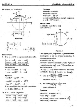 CAPÍTULO V Identidades trigonométricas
Figura 5.17
S (n V i
-----e c o s - + i < -
2 3 2
73
2
I
<-
-2
Propiedades
I) Si a + ¡3-180° ( <s suplementarios) se verifica
se r a = senP cota = - cotp
co sa = - cosP seca = - secP
tana = - tan(3 csca = esep
Demostración
• sena = sen(l 80° - P) = senp
• cosa = cos(180°-P ) = -co sp
Ejemplos
• senl50° = sen30° = 1/2
• cosl35° = -co s4 5 ° = - 7 2 / 2
• tanl20° = - tari60° = - 73
ia propiedad indicada se cumple en general si
a + P = (2n + l)180°/n eZ
II) Si a + P = 360° , se verifica:
sen a = - senp cota = - cotp
co sa = cos|3 seca = secp
tana = - tanp csca = - cscp
Ejemplos
• sen300° = -sen60°
• cos350° = cosl0°
• cot320° = - cot40°
la propiedad indicada se cumple en general
si a + P = 360 °n /n e Z
Tercer C aso
Identidades para el arco (-0)
Dem ostración
Figura 5.18
De la figura (5.18), los puntos P y Q son simétricos
con respecto al eje, por lo tanto las abscisas de
estos puntos cumplen
cose = cos(-G) ...(1)
Asimismo las ordenadas de los puntos P y Q sori
respectivamente sen 0 y sen (-6) y se observa:
sen (-0) = -s e n 0 ...(2)
De (1) y (2) se pueden demostrar las dem ás
identidades del arco ( - 0) , com o por ejemplo:
sen (-0)
tan( - 0) £ ^ ¡ P )
-sene
COS0
= -ta n 0
=» tan(-0) = -tan 0
se c (-0)
1
co s(-0)
s e c (-0) = s e c 0
1
cose
= se c 0
Ejem plos
• sen(-30°) = -sen30° =
• cot(-20°) = -co t20°
• cos(-135°) = eos 135° = -cos45° =
• se c (-100°) = se c l00°
321
 