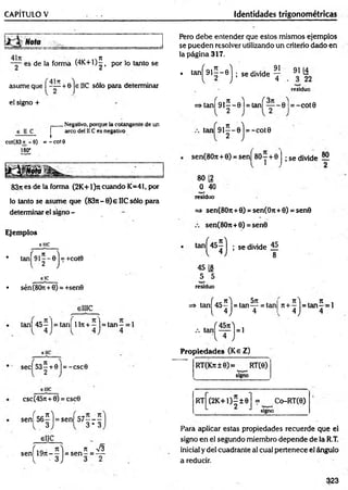 CAPÍTULO V identidades trigonométricas
es de la forma t4 K + l)|t por lo tanto se
f dlw 'l
asume que I - — + 6 je 11C sólo para determinar
el signo +
Pero debe entender que estos mismos ejemplos
se pueden resolver utilizando un criterio dado en
la página 317.
. ta n |^ 9 lí-e j; se d iv id e ^ Ú
residuo
=> ta n Í9 1 ^ -0 ) = tañí e l = -c o t 0
r
Negativo, porque la cotangente de un
arco del 11Ces negativo
cot(83 - 6) = - cot9
180"
83ji es de la forma (2K +1)rt cuando K=41, por
lo tanto se asume que (83n—0}e IIC sólo para
determinar el signo -
Ejemplos
eme
• sén (80n+6) = +sen0
tan = -c o t0
sen(80tt + 0) = sen) 80 - + 0 ; se divide 55
80 12
0 40
residuo
=> sen(8O
7
t + 0) = sen(On+0) = sen0
sen(8On+0) = sen0
se divide 15.
8
45 [8
5 5
residuo
elIIC
tañí 45—] = tañí 1lrt+ —]= tan —=
sec| 5 3 | + 0 |= -csc0
=> tan^45^j = ta n ^ = tanj
Propiedades (Ke Z)
~~ RT(Krt±e)= RT(0)
signo
elllC
csc(45rt + 0) = csc0
sen = s e n |5 7 - - ^
3 * 3
i 1Q <
* I tt V3
sen 1 9 n - - = s e n - = —
RT (2K +1)—± 0
-------------------- ---
= Co-RT(e)
L 2 j signo
Para aplicar estas propiedades recuerde que el
signo en el segundo miembro depende de la R.T.
inicial y del cuadrante al cual pertenece el ángulo
a reducir.
323
 