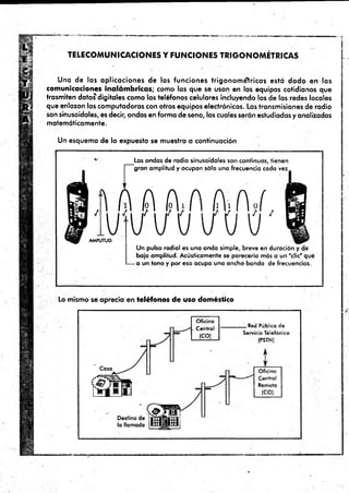 M
.
T E L E C O M U N IC A C IO N E S Y F U N C IO N E S T R IG O N O M É T R IC A S
Una de las aplicaciones de las funciones trigonométricas está dado en las
comunicaciones inalámbricas; como las que se usan en los equipos cotidianos que
trasmiten datos digitales como los teléfonos celulares incluyendo los de fas redes locales
que enlazan las computadoras con otros equipos electrónicos. Las transmisiones de radio
son sinusoidales, es decir, ondas en forma de seno, las cuales serán estudiadas y analizadas
matemáticamente.
Un esquema de lo expuesto se muestra a continuación
__ Las ondas de radio sinusoidales son continuas, tienen
^ gran amplitud y ocupan sólo una frecuencia cada vez
A A A .A A . A - í
U l / l / Ü l / Ü Ú '
AMPLITUD
Un pulso radial es una onda simple, breve en duración y de
baja amplitud. Acústicamente se parecería más a un "clic" qué
-a un tono y por eso ocupa una ancha banda de frecuencias.
Lo mismo se aprecia en teléfonos de uso doméstico
u - 7
Oficina
Central
(CO)
__Red Pública de
Servicio Telefónico
(PSTN)
Oficina
Centra!
Remota
(CO)
 