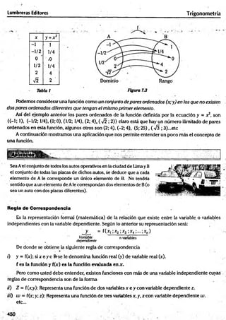 Lumbreras Editores
X y = *2
-1 1
-1/2 1/4
0 .0
1/2 ■1/4
2 4
& 2
Tabla 1
Trigonometría
f
Podemos considerar una función como un conjunto de pares ordenados (x ;y ) en los que no existen
dos pares ordenados diferentes que tengan el m ism o prim er elemento.
Así del ejemplo ¿interior los pares ordenados de la función definida por la ecuación y = x 2, son
{(-1; 1). (-1/2; 1/4), (0; 0), (1/2; 1/4), (2; 4)x( V2 ; 2)} elaro está que bay un número ilimitado de pares
ordenados en esta función, algunos otros son (2; 4), (-2; 4), (5; 25), ( V3 ; 3)...etc
A continuación mostramos una aplicación que nos permite entender un poco más el concepto de
una función.
Sea Ael conjunto de todos los autos operativos en la ciudad de Limay B
el conjunto de todas las placéis de dichos autos, se deduce que a cada
elemento de A le corresponde un único elemento de B. No tendría
sentido que a un elemento de Ale correspondan dos elementos de B(o
sea un auto con dos placas diferentes).
Regla de Correspondencia
Es la representación formal (matemática) de la relación que existe entre la variable o variables
independientes con la variable dependiente. Según lo anterior su representación será:
y , = f(x1;x2 ;x3;x 4;...;xn)
Variable n variables
_ dependiente
De donde se obtiene la siguiente regla de correspondencia
0 y - f(x); si x e y e R*se le denomina función real (y) de variable real (x).
f es la función y f(*) es la función evaluada en x .
Pero como usted debe entender, existen funciones con más de una variable independiente cuyas
reglas de correspondencia son de la forma
ii) Z = f(x;y): Representa una función de dos variables x e y con variable dependiente z.
7/0 w = f(x; y; z): Representa una función de tres variables*, y, zcon variable dependiente w.
etc...
450
 