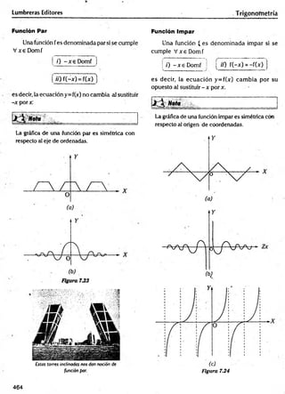 Lumbreras Editores T rigonoTnetría
Función Par
Una función fes denominada par si se cumple
V x e Domf
í 0 - x e D om f]
 J ) f(-x) = fu T ]
es decir, la ecuación y=f(x) no cambia al sustituir
-xporx.
La gráfica de una función par es simétrica con
respecto al eje de ordenadas.
Estas torres inclinadas nos dan noción de
función par.
Función Impar
Una función £ es denom inada impar si se
cumple V xe Domf
j/) - x e D o m f j [ n) f(-x) = -fQ ) |
es decir, la ecuación y=fCj«r) cam bia por su
opuesto al sustituir - x por x.
La gráfica de una función impar es simétrica cón
respecto al origen de coordenadas.
H .
Figura 7.24
464
 