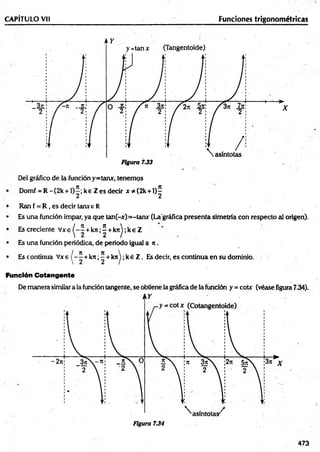 CAPÍTULO VH Funciones trigonométricas
Del gráfico de la función y=tanx, tenemos
Domf = R -(2 k + l)^; ke Z es decir x * (2 k + l)^
Ran f = R , es decir tanxe R
• Es una función impar, ya que tan(-x)=-tanr (Laográfica presenta simetría con respecto al origen).
• Es creciente V x e ^ -2 + k n ;í + k n ^;k eZ
• Es una función periódica, de periodo igual a n .
• Es continua V x e ^ - í + ktr;^ + k n ^ ;k éZ . Es decir, es continua en su dominio.
Función Cotangente
De manera similar a la función tangente, se obtiene la gráfica de la función y = cote (véase figura 7.34).
473
 