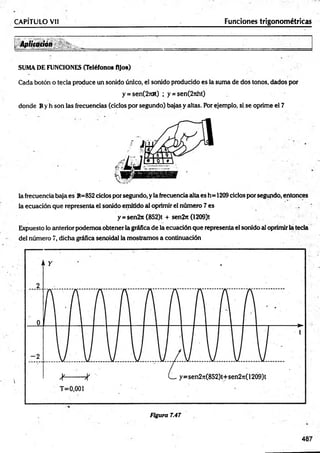 • A p l k a t i ó n ______________________________________________________________ ___
SUMADE FUNCIONES (Teléfonos Ajos)
Cada botón o tecla produce un sonido único, el sonido producido es la suma de dos tonos, dados por
y = sen(2nR) ; y = sen(2nht)
donde Ry h son las frecuencias (ciclos por segundo) bajas y altas. Por ejemplo, si se oprime el 7
CAPÍTULO Vil _________________________ _______ _
■
______________Funciones trigonométricas
la frecuencia baja es R=852 ciclos por segundo, y la frecuencia alta es h= 1209ciclos por segundo, entonces
la ecuación que representa el sonido emitido al oprimir el número 7 es
y = sen2rc (852)t + sen2n (1209)t
Expuesto lo anterior podemos obtener la gráfica de la ecuación que representa el sonido al oprimir la teda
del número 7, dicha gráfica senoidal la mostramos a continuación
Figura 7.47
487
 