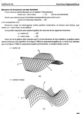CAPÍTULO Vil Funciones trigonométricas
Ejemplos de Funciones con dos Variables
Como usted se habrá informado en el capítulo V (Identidades)
sen(x+y) = serur+seny .... (1) (No es una identidad)
Puesto que sabemos que la identidad correspondiente para sen(x+y) es
sen(x+y)=senxcosy+senycosjr ....(2)
y no corresponde a (1).
E ntonces surge la interrogante ¿cóm o podría com probar, al m enos una form a, que
sen(x+y) = serur+seny no se verifica?
Una posible respuesta sería realizar la gráfica de cada una de las siguientes funciones.
z = sen(x+y) .... (3)
z = serur+seny .... (4)
Antes de ver la gráfica debe entender que 3 y 4 son funciones de dos variables y su gráfica estará
representada por una superficie. En la figura 7.49(a) se representa la gráfica de z=sen(x+y); mientras
que en la figura 7.49(b) se representa la gráfica de la función z=sen(x)+sen(y), esto es
z = sen(x+y)
X
z = sen(x)+sen(y)
(a)
Z
 
