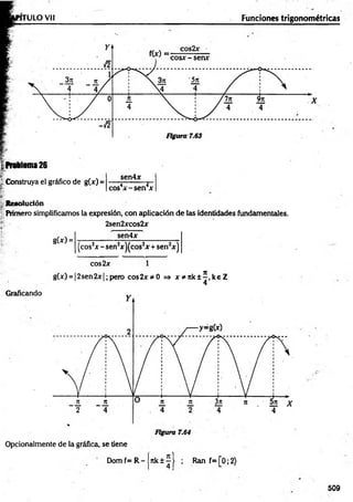 TULOVir Funciones trigonométricas
| Problema 26
I Construya el gráfico de g(x) =
sen4x
--------4---------------- V
eos a —
sen x
j--Resolución
: Primero simplificamos la expresión, con aplicación de las identidades fundamentales.
2sen2xcos2x
g(x) =
sen4x
(cos2x - sen2x)(cos2x + sen2x)
cos2x
g(x) = |2sen2x|;pero co s2 x * 0 => x * n k ± ^ ,k e Z
4
Graficando
Opcionalmente de la gráfica, se tiene
Dom f= R - n k ± j | ; Ran f= [0 ;2 )
509
 
