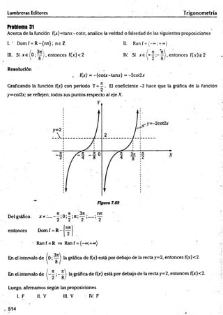 Lumbreras Editores T rigonometría
Problema 31
Acerca de la función f(x)=tanx-cotx, analice la verdad o falsedad de las siguientes proposiciones
I . ’ Domf = R-{nn}; ne Z
III. Si x e {0 ;~ ' j , entonces f(x )<2
II. Ranf = ( - “ ;+“ )
IV. Si x e , entonces f(x)> 2
Resolución
f(x) = -(cotx-tanx) = -2cot2x
Graficando la función f(x) con periodo T = - . El coeficiente -2 hace que la gráfica de la función
y=cot2x; se reflejen, todos sus puntos respecto al eje X.
. . 3t
t nn
Del gráfico. x * ....- 2 '° : 2 " ’T ..... Y
entonces Dom f = R -
- Ranf = R => Ranf = (-«■;+■*}
En el interveilo de ((*; la gráfica de f(x) está por debajo de la recta y=2, entonces f(x)<2.
En el intervalo de ;- 0 la gráfica de f(x) está por debajo de la recta y=2, entonces f(x)<2.
Luego, afirmamos según las proposiciones
I. F II. V III. V IV
. F
, 514
 