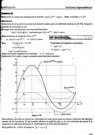 CAPÍTULO Vil Funciones trigonométricas
Problema 32
CJetermine el campo de variación de la función h(x) = esenr + senx . Nota: considere e = 2,71
:Resolución
:H dominio de la función h es todos los números reales, pero es suficiente analizar en [0; 2rc]. Ya que el
fperiodo de la función es 2rc.
|H rango será calculado por una sum a de funciones
h (x )¿ f(x )+ g (x ); haciendo que f(x) = esenx; g(x) = senx
Determinemos el rango de f(jc) = e senx
=
=
> Lnf(x) = Lnesenx => Lnf(x) = senx
Pero - l< s e n x < l ; Vxe R
r -l< L n f(x )< l
Lne 1<Lnf(x)<Lne
Como la función logaritmo es creciente
Propiedades de logaritmos neperianos
• Lnex=x"
=> Lne=l ; Lne~‘=-1
e~' < f(x) < e
| Graficando f(x) y g(x) y luego sumando estáis funciones tenemos
Recordando que sólo se suman las ordenadas de cada punto para un mismo elemento del dominio
común de las funciones. En tal sentido (observe la gráfica) para x0 Si a la ordenada del punto B le
sumamos la ordenada del punto A, resulta igual a la ordenada del punto C.
En la gráfica de y=h(x) el rango es [e~’- l; e +l]
 