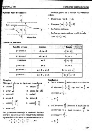 PITULO VI! Funciones trigonométricas
Función Arco Cosecante Dada la gráfica de la función f(x)=arcesex
se tiene
1
T
Z
2
f(x)=arccscx 1 K
' / ! r > . ______
lí
-7t
2 Figura 7.88
• Dominio de fes R - (-1; l)
-{0}
Jt
. 2 ’ 2.
• Rango de f es
• La función es impar.
• La función es decreciente en el intervalo
-1) v (1; +«>}
Cuadro de Resumen
Fundón Inversa Dominio ■
v Rango
y=arcsenx ~ -1 £ x < l
T
T K
— S y £ -
2 2
y-árceo s x -1 <X<1 Oáyáit
y=arctanx . x=R
n Jt
2 3 2
y=arccotx x=R 0<y<jt
y=arcsecjc x S -1 v x > 1 Otsyájt; y * |
y=arecscx x < -1 v x £ 1 - f < y ^ ¡ : y ^ °
Ejemplos
Obtenga el valor de las siguientes expresiones
Resolución ^
a. Sea a =arcsen-
a. aresen
1
2
b.
72
árceos —
2 el intervalo
1
K
|
cm
1
1
______
1
c. arctan 73
e. árceos 0
d.
f.
arccot (2+73)
arctan 1
decir sen a =
1
2 •
g. aresen 0 h. aresee 2 - T
t
.*. a = —
i. árceos
V-
_____
>
i- aresen
b.
6
72
Sea0 =arccos —
cuyo seno es - , es
k. arctan (-0
Para poder entender mejor el desarrollo de estos
ejemplos es necesario que recuerde las razones
trigonométricasdeciertosarcosnotablescomoson:
V2
el intervalo [0; jt ] cuyo coseno és — , es
J
T . Jt . J
T . 7
1 . 571 .
4 6 12
; ... ,etc.
decir eos 0
,. e= í
.4
_V 2
527
 
