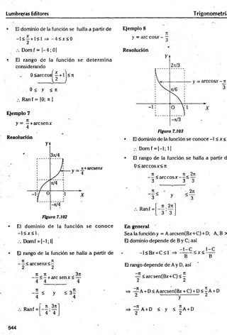 • El dominio de la función se halla a partir de
- 1 < - + 1<1 =» -4 < x < 0
2
Domf = [-4 ; 0]
*
. El rango de la función se determ in a
considerando
0<arccos —+ 1 S ti
l 2 J
0 < y < n
Ran f = (0; n ]
Ejemplo 7
n:
y = —+arcsenx
4
Resolución
Lumbreras Editores
Figura 7.102
• El dom inio de la función se conoce
- 1 < X < 1 .
.-.Domf =[—
1; 1
]
• El rango de la función se halla a partir de
77 „ ^77~
— < arcsenx< -
2 2
7
1 , 37
1
- + arc se n x < —
4 4
Ranf =
7
7 377
4 ’ T
Trigonometríi
Ejemplo 8
7
7
y = are cosx - -
Resolución
• El dominio de la función se conoce -1 < x <
Dom f = [—
1; 1]
• El rango de la función se halla a partir d
0<arccosx<7t
77 77 277
— < arccosx— < —
3 3 3
Ranf =
77 277
3 ’T
En generad
Sea la funcióny = A arcsen(Bx+C)+D; A, B >
El dominio depende de B y C; así
-1<BX +C<1 => —
-——< x < -——
B B
El rango depende de A y D, así
— < arcsen(Bx+C) < ^
2 2
=> -^ A + D<Aarcsen(Bx + C) + D < íA + D
2 v y 1 '
=* — A + D < y < -A + D
2 2
544
 