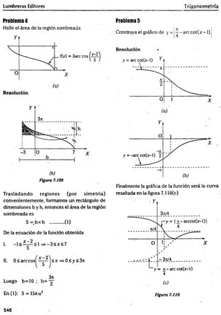 Lumbreras Editores Trigonom etría
Problema 4
Halle el área de la región sombreada
(b)
Figura 7.109
T rasladando regiones (por sim etría)
convenientemente, formamos un rectángulo de
dimensiones b y h, entonces el área de la región
sombreada es
S = b x h .........(1)
De la ecuación de la función obtenida
I. - 1 < Í ^ < 1 = > -3 < x < 7
II. 0 < arcco s^ ^ g -~ j^ n =* 0 < y< 3n
3rr
Luego b= 10 ;
En (1): S = 15nu2
Problema 5
Construya ei gráfico de y =
4
are c o t(;r-1)
Resolución
Finalmente la gráfica de la función será la curva
resaltada en la figura 7.110(c)
(c)
Figura 7.110
548
 