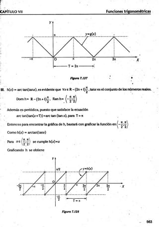 fe
:
E■
¡CAPÍTULO Vil _____________________Funciones trigonométricas
Figura 7.127
DI. h(x) = are tan(tanx), es evidente que Vxe R -(2 n + 1)^, tanx es el conjunto de los números reales.
D om h= R -(2 n + l)^ , Ran
Además es periódica, puesto que satisface la ecuación
are tan[tan(x+T)j =arc tan (tanx), para T = rt
Entonces para encontrar la gráfica de h, bastará con graficar la función en
Como h(x) = arctan(tanx)
Para se cumple h(x)=x
Graficando h se obtiene
563
 