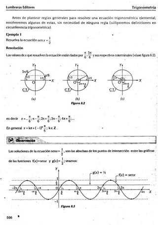 Lumbreras Editores Trigonometría
Antes de plantear reglas generales para resolver una ecuación trigonométrica elem ental,
resolveremos algunas de estas, sin necesidad de ninguna regla (utilizaremos definiciones en
circunferencia trigonométrica).
Ejem plo 1 •
Resuelva la ecuación sen x = -
Resolución
Losvaloresdex que resuelven laecuación están dados por —> ~ ysus respectivos coterminales (véase figura 8.2).
Figura
es decir x = re --; 2 re+ -;3 it-^;4 it +
6 6 6 6 6
En general x = kn+( - l)k^ ; k e Z .
6
+*rr*t*Z’JR*r* -
^ Observación
Las soluciones de la ecuación serur= 1 , son las abscisas de los puntos de intersección entre las gráficas
2
de las funciones f(x)=senx y g(x)= i ; veamos:
596
 